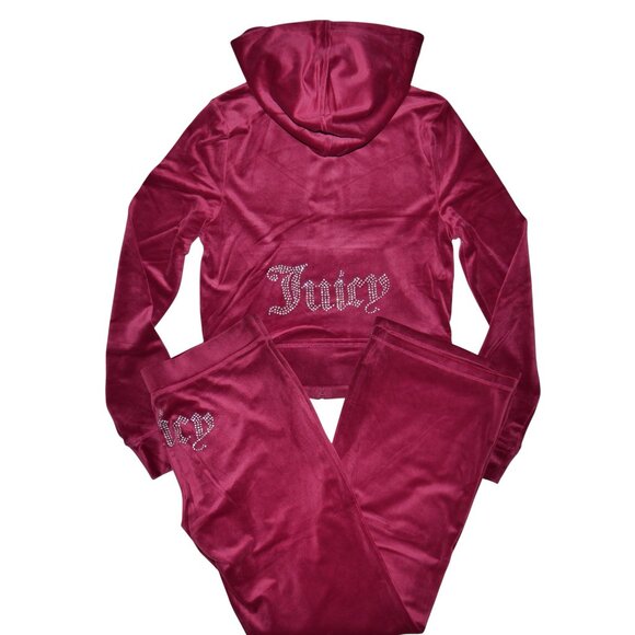 Juicy Couture Velour Bling Tracksuit Set Dark Crimson Rhinestone Jacket Pants S - Picture 8 of 12